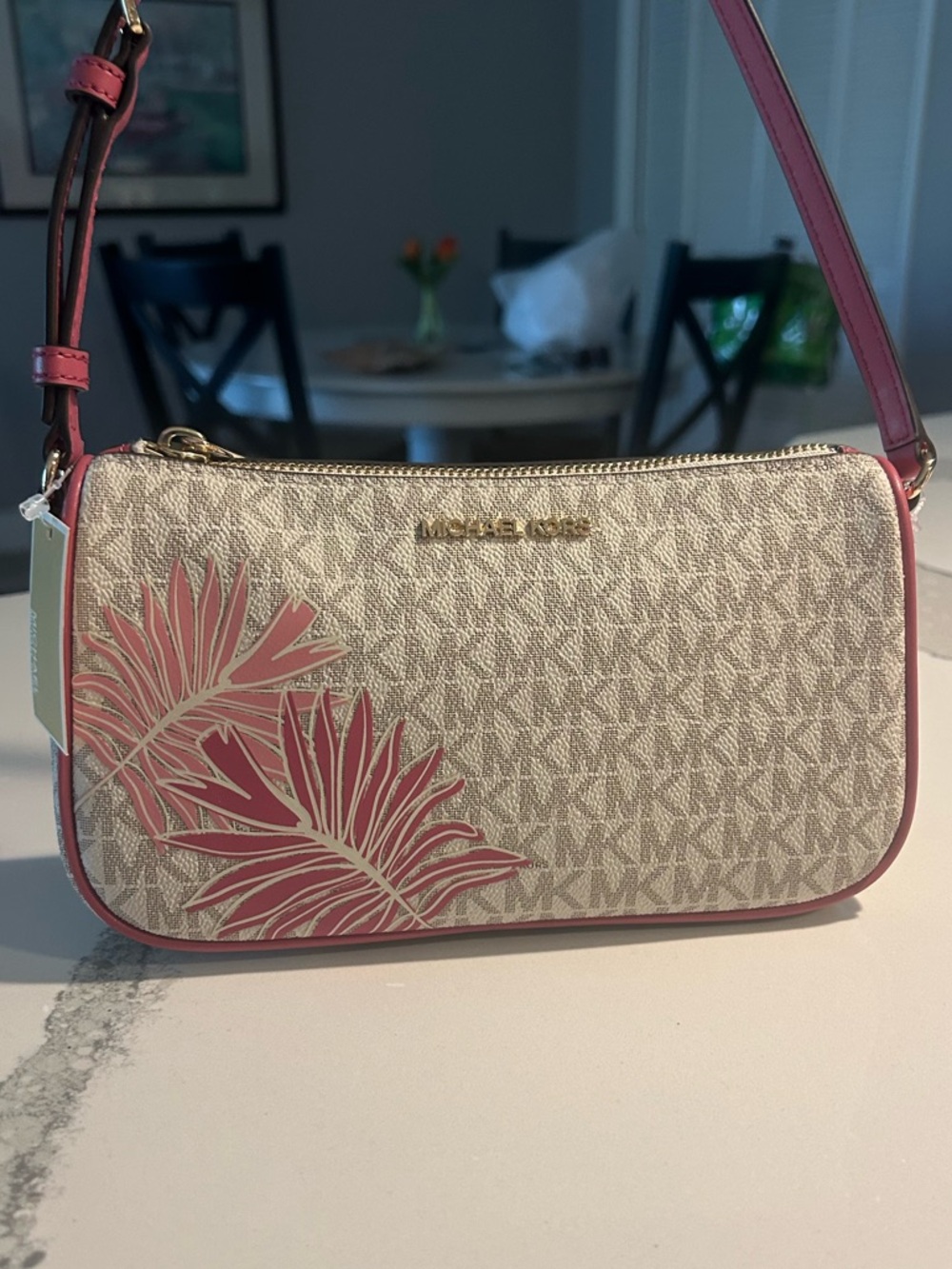 NWT Michael Kors Cream Signature Floral Crossbody With Pink Accents Gold HW